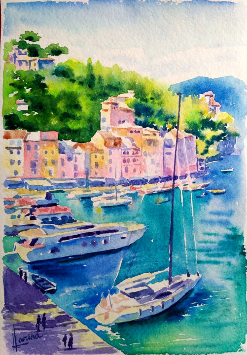 Картина под названием "Harbor of Italy" - Olga Larina, Подлинное произведение искусства, Акварель
