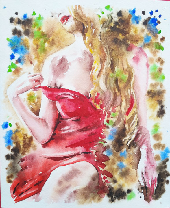 Картина под названием "Lady in red" - Olga Larina, Подлинное произведение искусства, Акварель