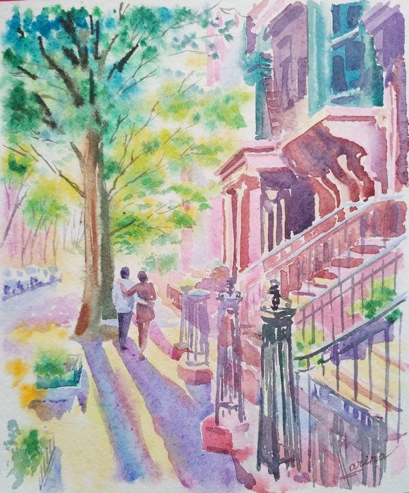 Painting titled "Evening Brooklyn" by Olga Larina, Original Artwork, Watercolor