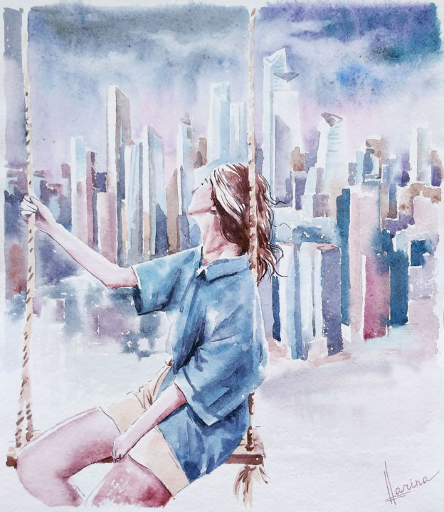 Painting titled "Dreams over the city" by Olga Larina, Original Artwork, Watercolor