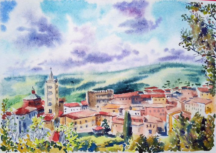 Картина под названием "Tuscany landscape" - Olga Larina, Подлинное произведение искусства, Акварель