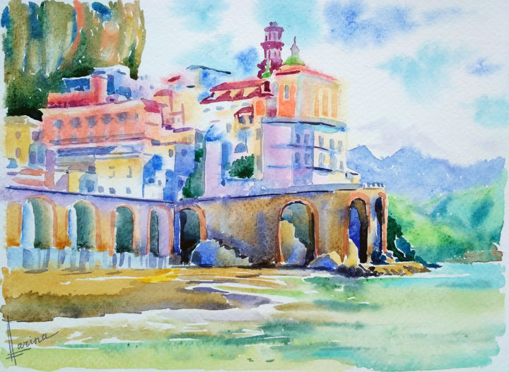 Painting titled "Amalfi coast" by Olga Larina, Original Artwork, Watercolor