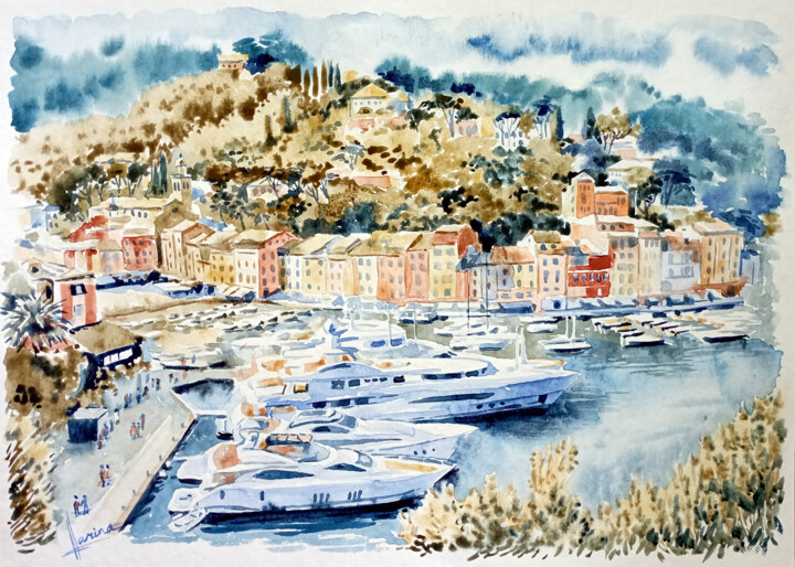 Painting titled "Portofino. Italy." by Olga Larina, Original Artwork, Watercolor