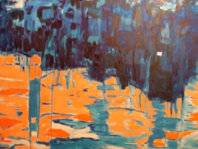 Painting titled "Orange and Blue Bri…" by Lori Larreategui, Original Artwork