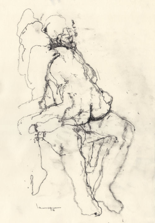 Σχέδιο με τίτλο "Couple Nude" από Guillaume Larroque, Αυθεντικά έργα τέχνης, Κάρβουνο