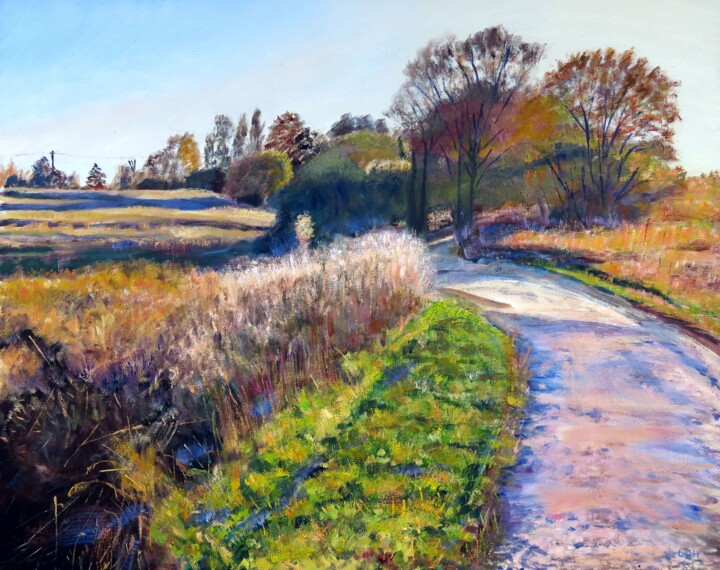 Painting titled "Autumn Path" by Herscovitch Larry, Original Artwork, Oil Mounted on Wood Stretcher frame