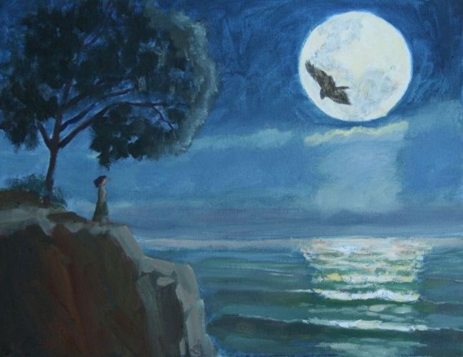 Painting titled "Fullmoon Hawk" by Herscovitch Larry, Original Artwork, Oil