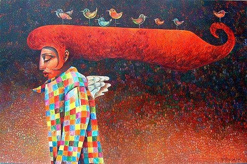 Malerei mit dem Titel "Sad Angel" von Laimonas Šmergelis, Original-Kunstwerk
