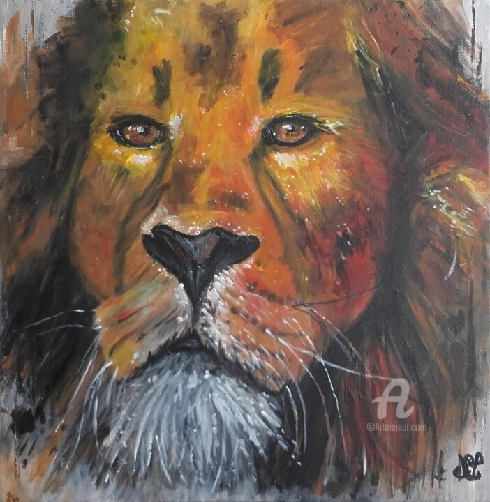 Painting titled "Tableau lion couleu…" by Painternadege, Original Artwork, Acrylic Mounted on Wood Stretcher frame