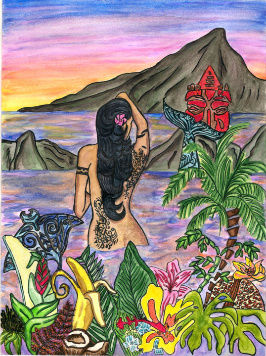 Peinture intitulée "Douceur des îles" par L'Âme Artistique, Œuvre d'art originale, Aquarelle