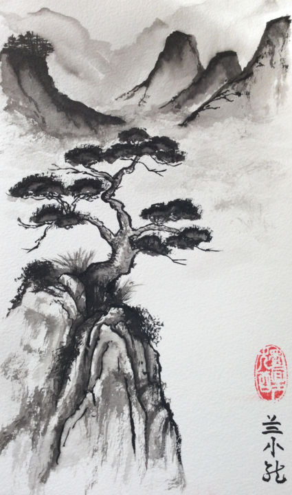 Peinture intitulée "sumi "zen bonzaï pi…" par Lan Xiao Long-Freddy Laschon, Œuvre d'art originale