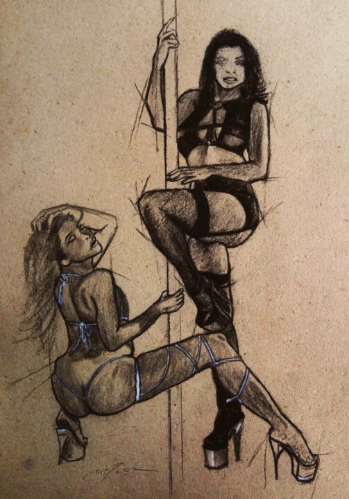 Disegno intitolato "Strippers" da Laszlo Juhasz, Opera d'arte originale, Carbone