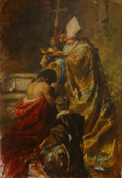 Painting titled "Baptism of St. Step…" by Máthé László, Original Artwork, Oil