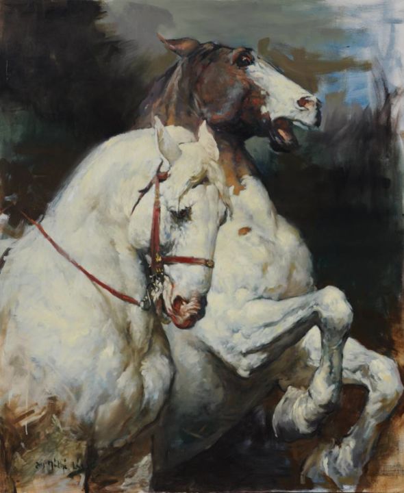 Painting titled "horses (stady after…" by Máthé László, Original Artwork, Oil