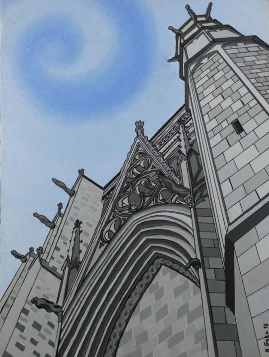 Painting titled "Cathédral de La Cité" by Sandrine Gato, Original Artwork, Pigments Mounted on Wood Panel