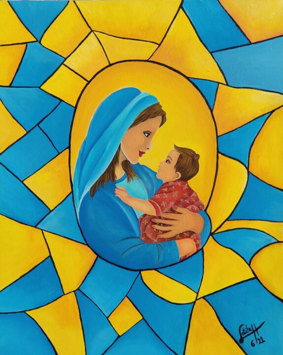Painting titled "Mother and Child" by Latifa El Hachem, Original Artwork, Acrylic Mounted on Wood Stretcher frame