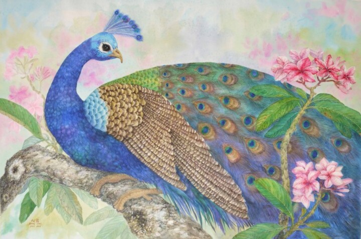 Картина под названием "peacock and frangip…" - Lau Seong Leng, Подлинное произведение искусства, Масло