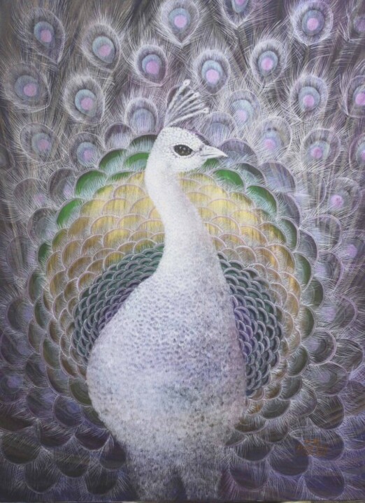 Картина под названием "auspicious bird 18" - Lau Seong Leng, Подлинное произведение искусства, Масло