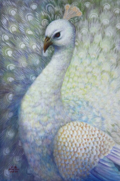 Картина под названием "auspicious bird 6" - Lau Seong Leng, Подлинное произведение искусства, Масло