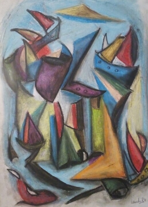 Tekening getiteld "L'ile aux bateaux" door Laudu, Origineel Kunstwerk, Pastel