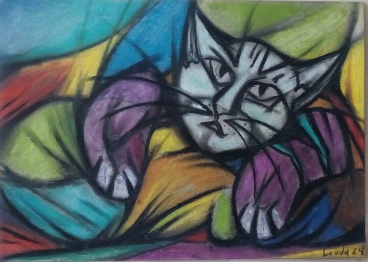 Tekening getiteld "Pas content le chat" door Laudu, Origineel Kunstwerk, Pastel