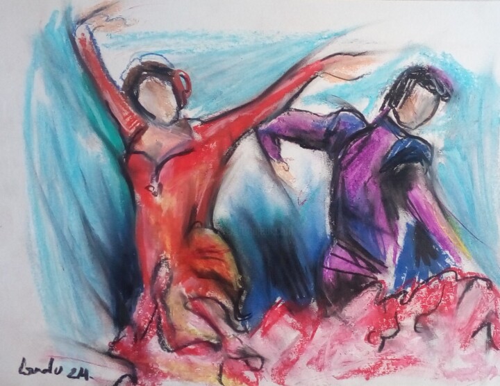 Dibujo titulada "Flamenco 4" por Laudu, Obra de arte original, Pastel