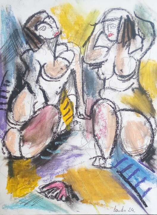 Dessin intitulée "Le bain de soleil 2" par Laudu, Œuvre d'art originale, Pastel