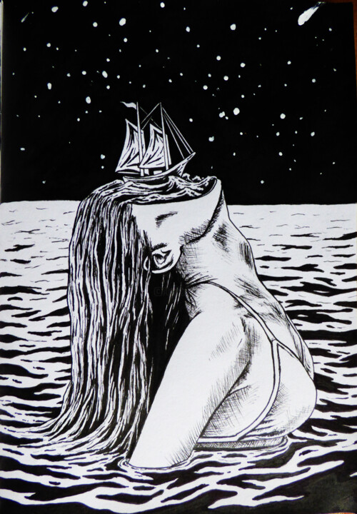 Disegno intitolato "Navire" da Laura Neveu, Opera d'arte originale, Inchiostro