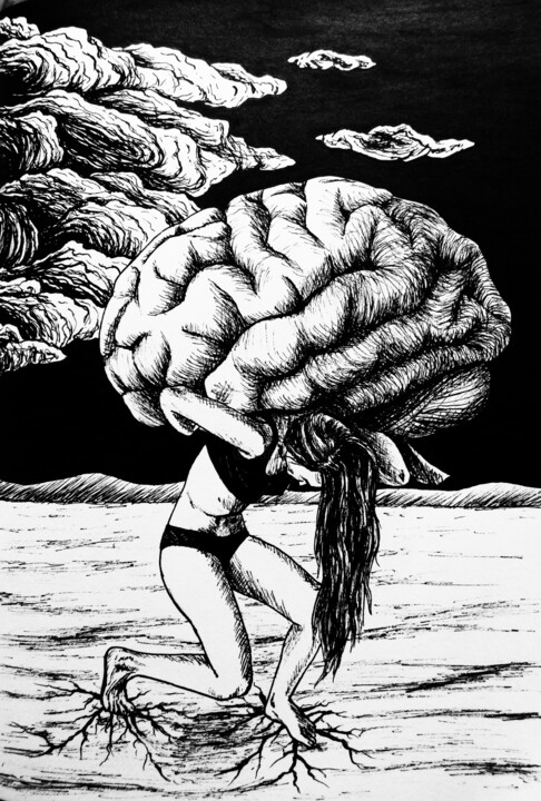 Disegno intitolato "Pression mentale" da Laura Neveu, Opera d'arte originale, Inchiostro