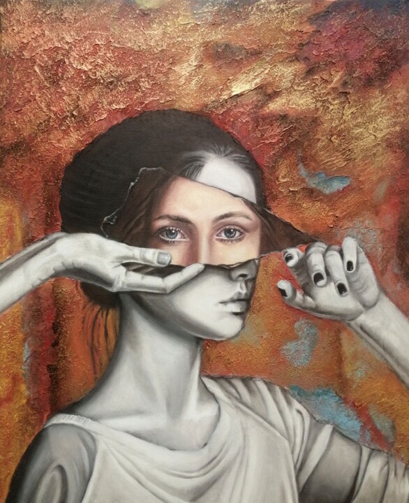 Painting titled "EYES IN THE MIRROR" by Laura Segatori, Original Artwork, Oil Mounted on Wood Stretcher frame