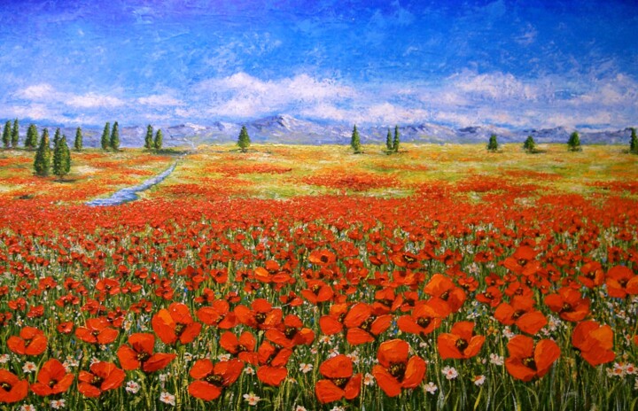 Painting titled "campo di papaveri" by Laura Suarez, Original Artwork, Oil