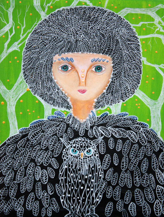 Painting titled "Mrs. Owl" by Laura Barbosa, Original Artwork, Acrylic