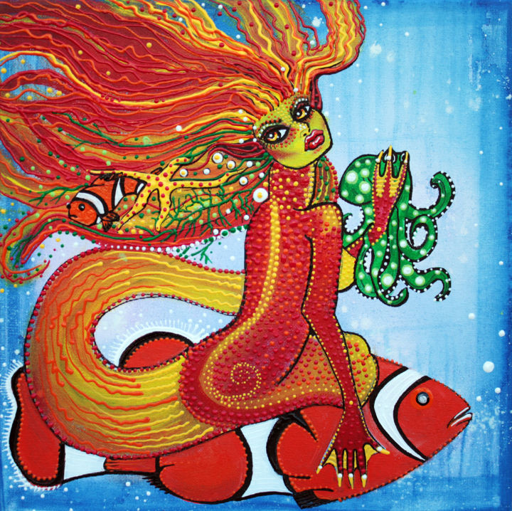 Painting titled "Clownfish Mermaid" by Laura Barbosa, Original Artwork, Acrylic