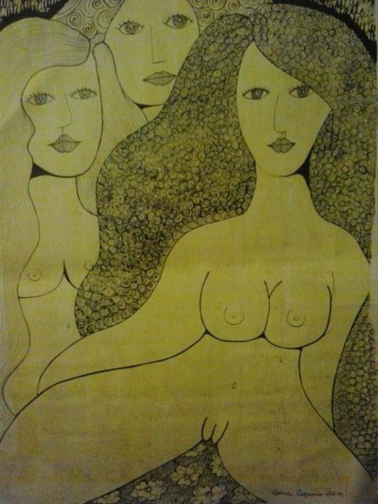 Rysunek zatytułowany „Desnudo amarillo” autorstwa Laura Capurro, Oryginalna praca, Atrament
