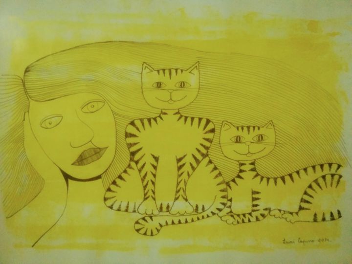 Drawing titled "Mujer y gatos" by Laura Capurro, Original Artwork, Ink