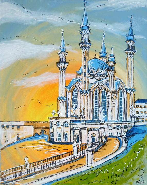 Painting titled "Kul Sharif Mosque" by Laura Hol, Original Artwork, Acrylic Mounted on Wood Stretcher frame