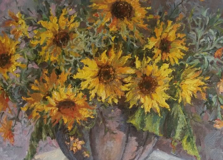 Painting titled "Girasoli di Fuoco" by Laura Luigina Andreuzzi, Original Art, Oil Mounted on Wood Panel