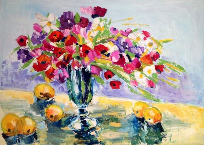 Painting titled "Fiori e frutta" by Laura Tedeschi Pittrice, Original Artwork, Oil