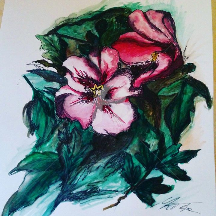 Pittura intitolato "hibiscus.jpg" da Laura Testa, Opera d'arte originale, Acquarello