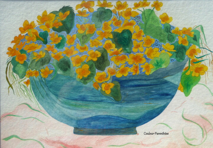 Peinture intitulée "Vase aux populages" par Laure Barlet, Œuvre d'art originale, Aquarelle