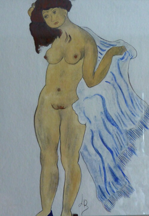 Peinture intitulée "Nu à la serviette" par Laure Barlet, Œuvre d'art originale, Aquarelle
