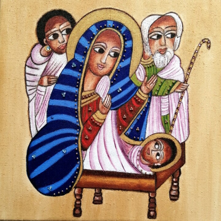 Peinture intitulée "Nativité éthiopienne" par Laure Barlet, Œuvre d'art originale, Huile Monté sur Châssis en bois