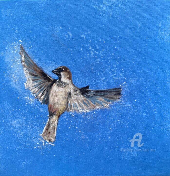 Картина под названием "Sparrow in Flight" - Laure Bury, Подлинное произведение искусства, Масло Установлен на Деревянная рам…