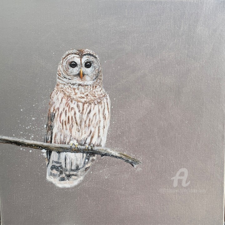 Painting titled "Tawny Owl ~ on silv…" by Laure Bury, Original Artwork, Oil Mounted on Wood Stretcher frame