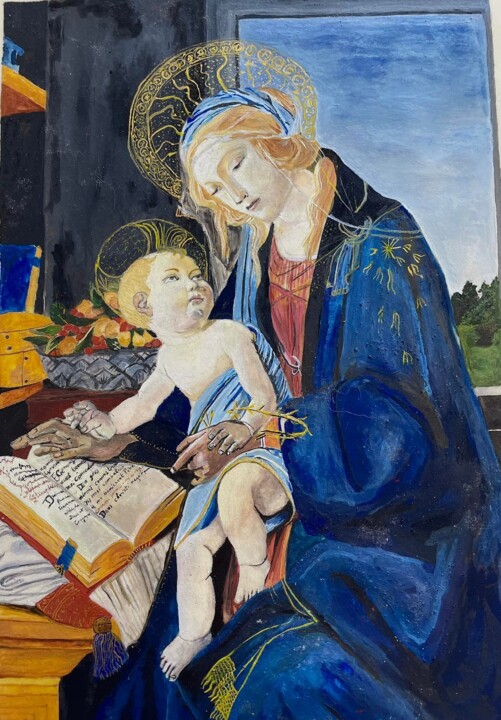 Ζωγραφική με τίτλο "La vierge à l'enfant" από Laure Dupuy, Αυθεντικά έργα τέχνης, Χρωστικές ουσίες Τοποθετήθηκε στο Χαρτόνι