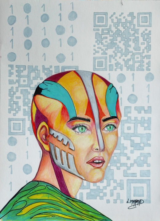 Painting titled "Humanoïde Code" by Gribouillages Laure Marand, Original Artwork, Pencil