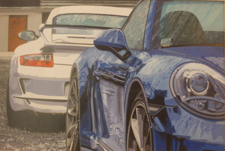 Painting titled "BLEU,BLANC,PORSCHE" by Laurence Delmotte-Berreby, Original Artwork, Acrylic