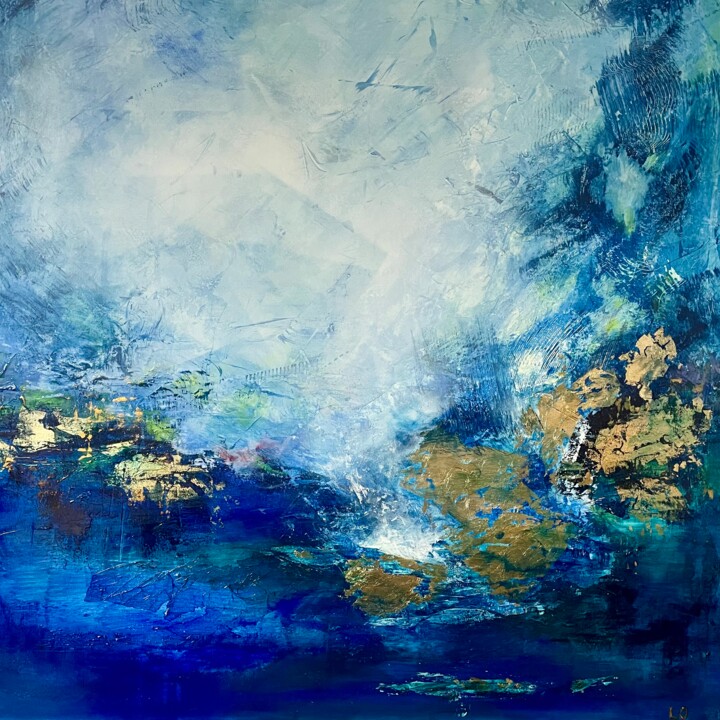 Painting titled "BLUE LAGOON" by Laurence Blondel (LO), Original Artwork, Acrylic Mounted on Wood Stretcher frame