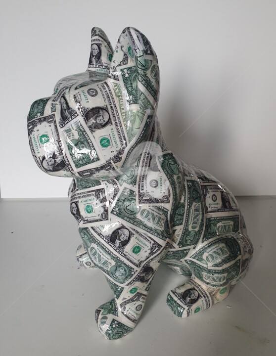 Sculpture titled "Chien dollar" by Laurence Clerembaux, Original Artwork, Ceramics