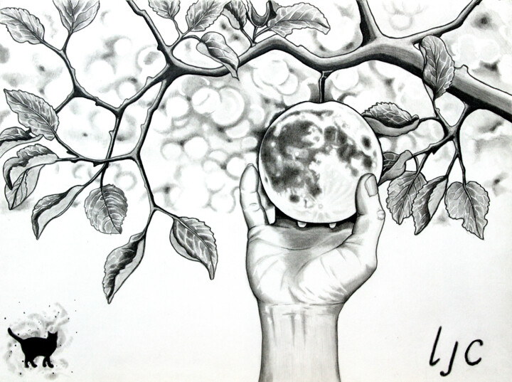 Dessin intitulée "Main et pomme d'Ada…" par Laurence Coindre, Œuvre d'art originale, Crayon Monté sur Verre